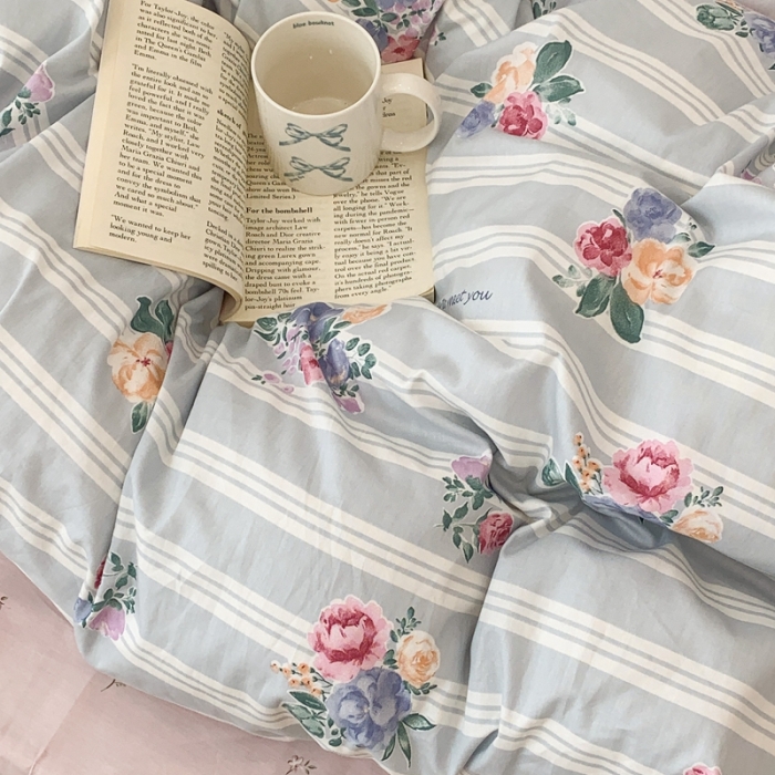 91家纺网 家纺一手货源 找家纺 昔可 2023新款全棉四件套 复古竖条蔷薇花