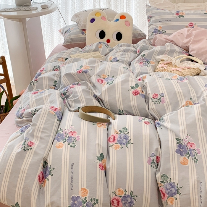 91家纺网 家纺一手货源 找家纺 昔可 2023新款全棉四件套 复古竖条蔷薇花