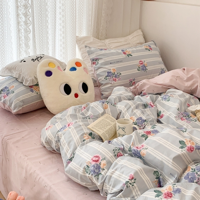 91家纺网 家纺一手货源 找家纺 昔可 2023新款全棉四件套 复古竖条蔷薇花