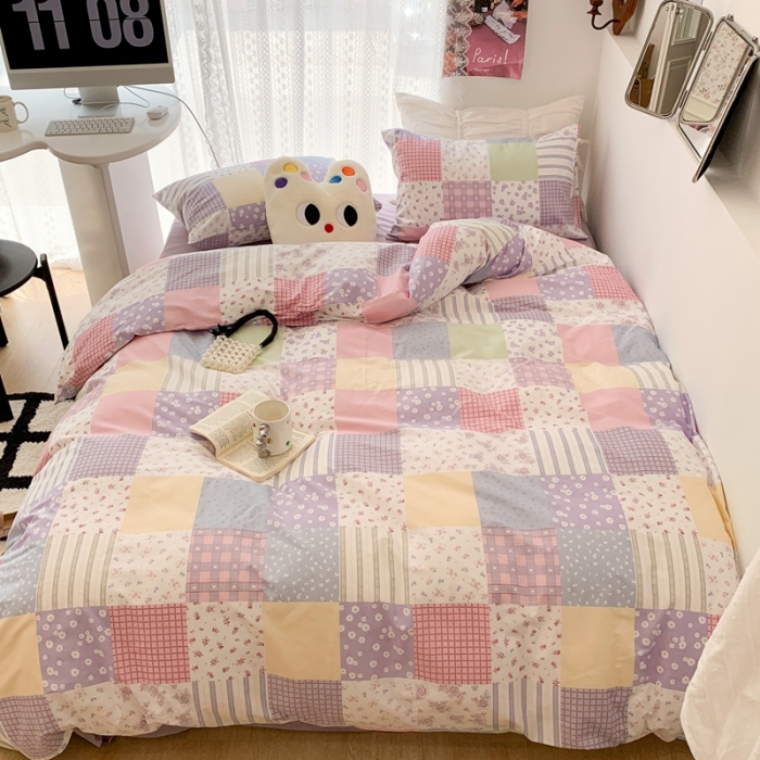 91家纺网 家纺一手货源 找家纺 昔可 2023新款全棉四件套 拼接格子碎花