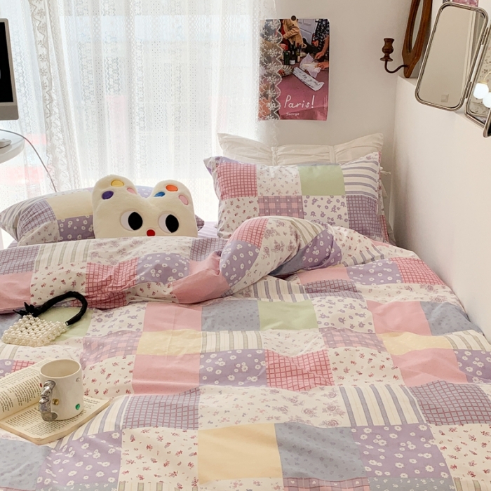 91家纺网 家纺一手货源 找家纺 昔可 2023新款全棉四件套 拼接格子碎花