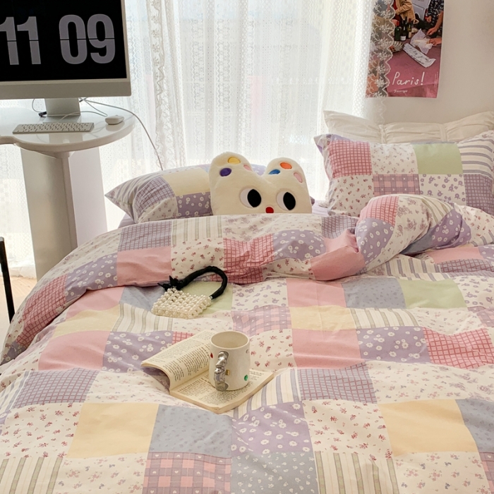 91家纺网 家纺一手货源 找家纺 昔可 2023新款全棉四件套 拼接格子碎花