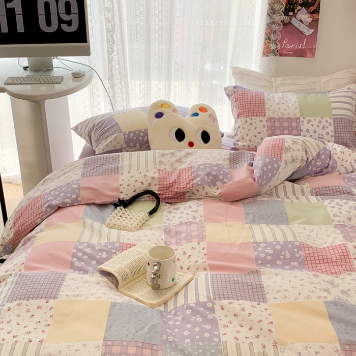 91家纺网 家纺一手货源 找家纺 昔可 2023新款全棉四件套 拼接格子碎花