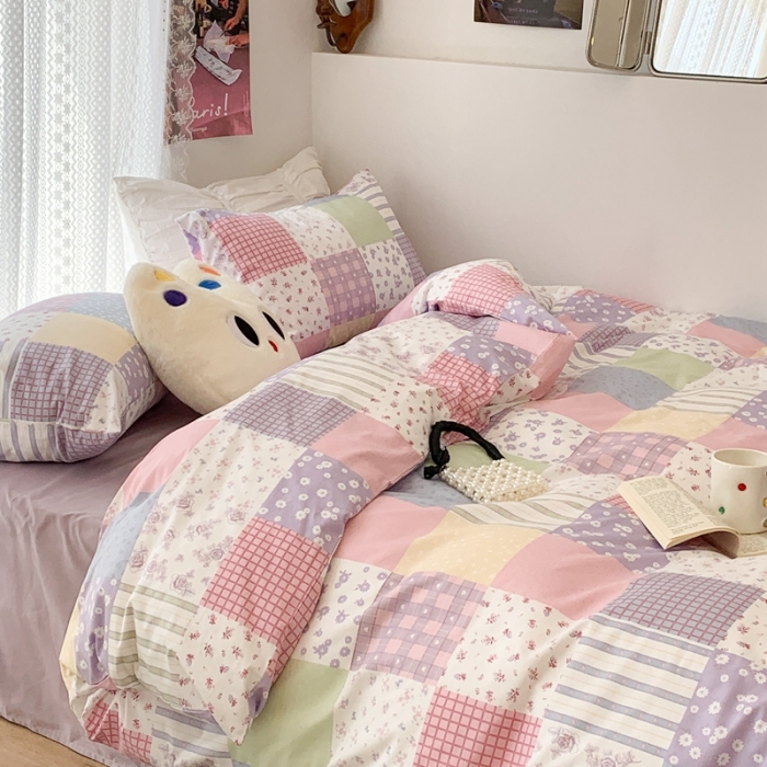 91家纺网 家纺一手货源 找家纺 昔可 2023新款全棉四件套 拼接格子碎花