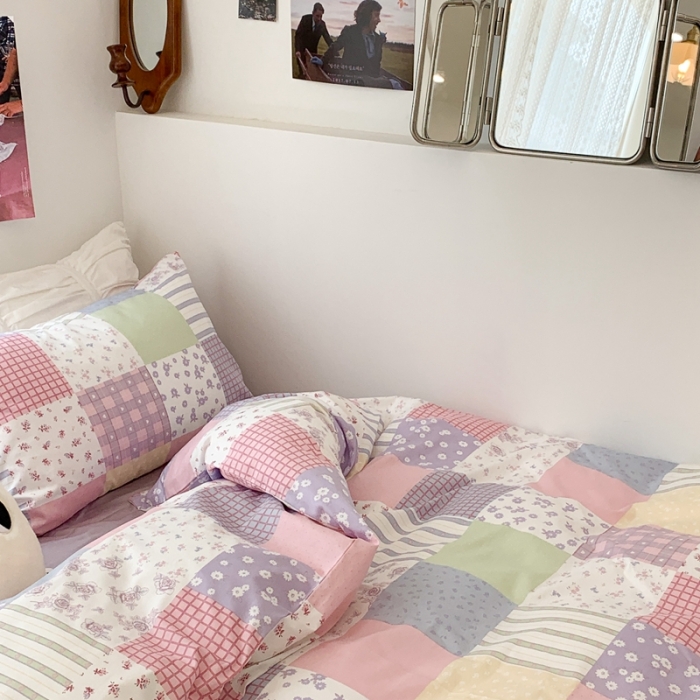 91家纺网 家纺一手货源 找家纺 昔可 2023新款全棉四件套 拼接格子碎花