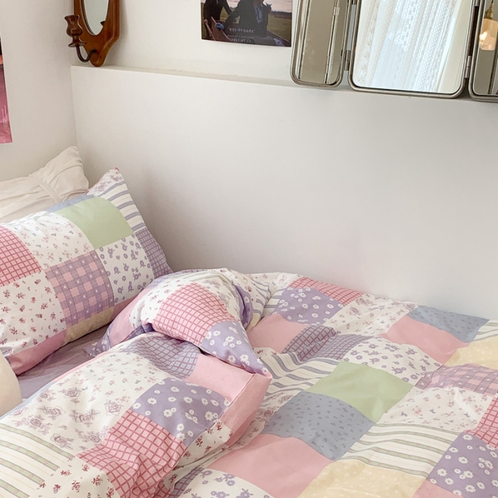 91家纺网 家纺一手货源 找家纺 昔可 2023新款全棉四件套 拼接格子碎花