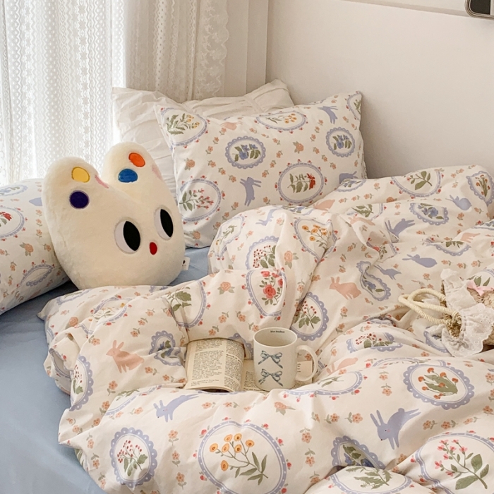 91家纺网 家纺一手货源 找家纺 昔可 2023新款全棉四件套 圈圈碎花兔子