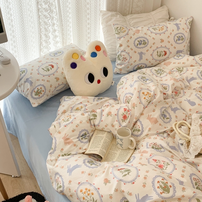 91家纺网 家纺一手货源 找家纺 昔可 2023新款全棉四件套 圈圈碎花兔子