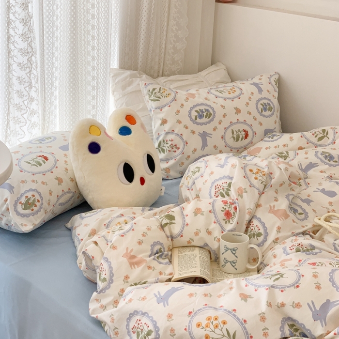 91家纺网 家纺一手货源 找家纺 昔可 2023新款全棉四件套 圈圈碎花兔子