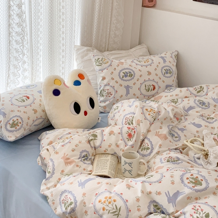 91家纺网 家纺一手货源 找家纺 昔可 2023新款全棉四件套 圈圈碎花兔子