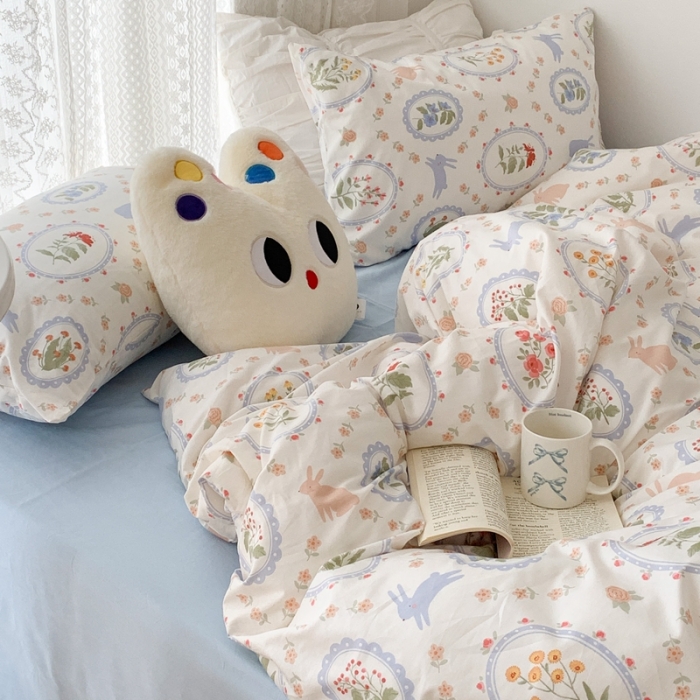 91家纺网 家纺一手货源 找家纺 昔可 2023新款全棉四件套 圈圈碎花兔子