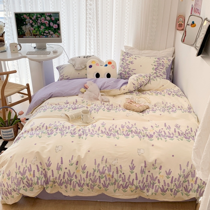 91家纺网 家纺一手货源 找家纺 昔可 2023新款全棉四件套 紫色薰衣草兔