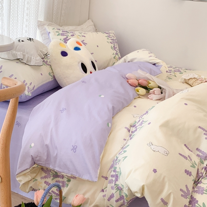 91家纺网 家纺一手货源 找家纺 昔可 2023新款全棉四件套 紫色薰衣草兔