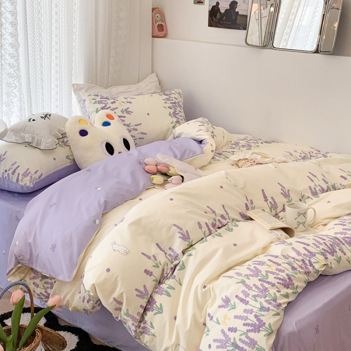 91家纺网 家纺一手货源 找家纺 昔可 2023新款全棉四件套 紫色薰衣草兔
