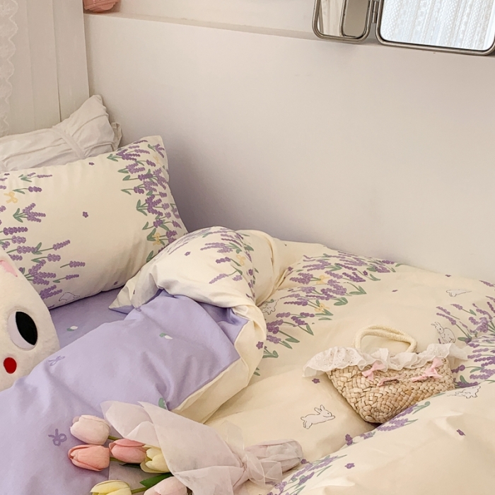 91家纺网 家纺一手货源 找家纺 昔可 2023新款全棉四件套 紫色薰衣草兔