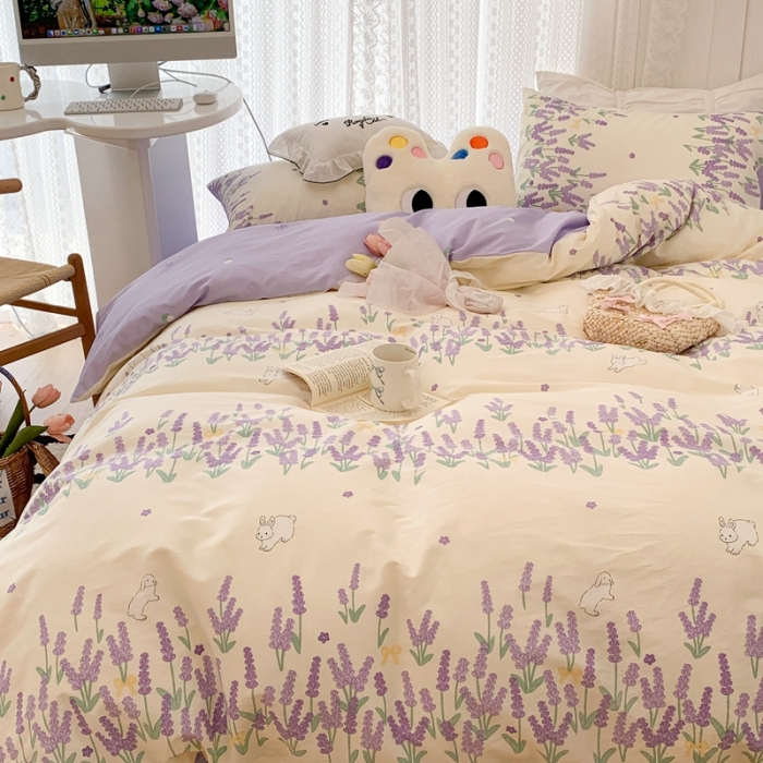 91家纺网 家纺一手货源 找家纺 昔可 2023新款全棉四件套 紫色薰衣草兔