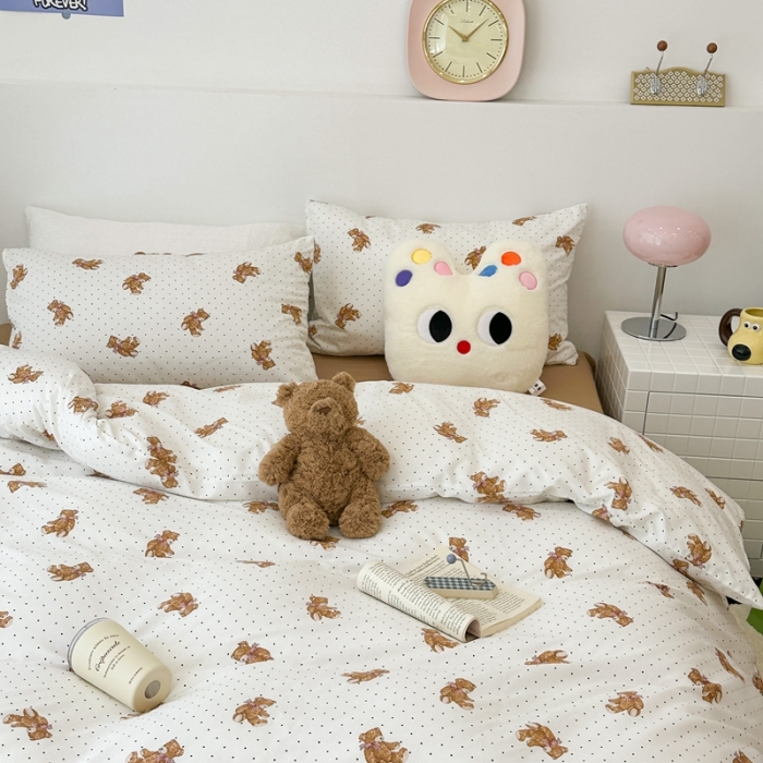 91家纺网 家纺一手货源 找家纺 昔可 2023新款全棉四件套 波点小熊崽