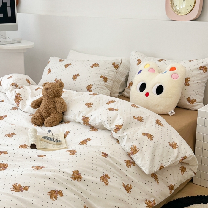 91家纺网 家纺一手货源 找家纺 昔可 2023新款全棉四件套 波点小熊崽