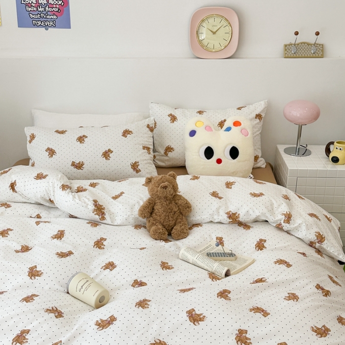 91家纺网 家纺一手货源 找家纺 昔可 2023新款全棉四件套 波点小熊崽