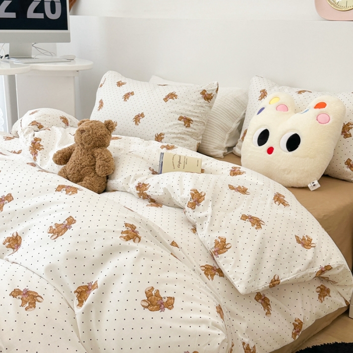 91家纺网 家纺一手货源 找家纺 昔可 2023新款全棉四件套 波点小熊崽