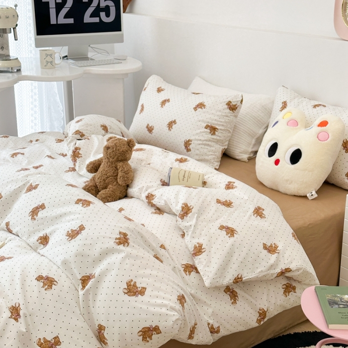 91家纺网 家纺一手货源 找家纺 昔可 2023新款全棉四件套 波点小熊崽