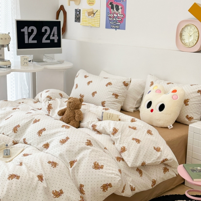 91家纺网 家纺一手货源 找家纺 昔可 2023新款全棉四件套 波点小熊崽