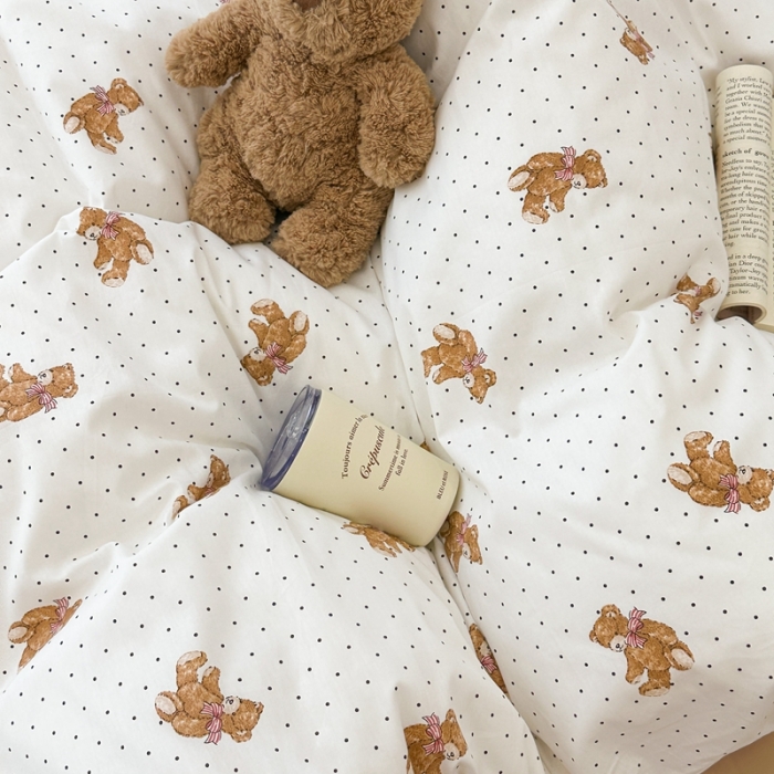 91家纺网 家纺一手货源 找家纺 昔可 2023新款全棉四件套 波点小熊崽