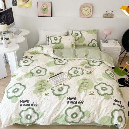 昔可 2023新款全棉四件套 绿色泼墨花