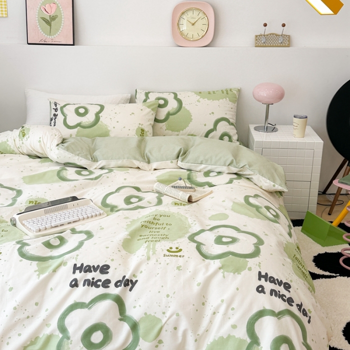 91家纺网 家纺一手货源 找家纺 昔可 2023新款全棉四件套 绿色泼墨花