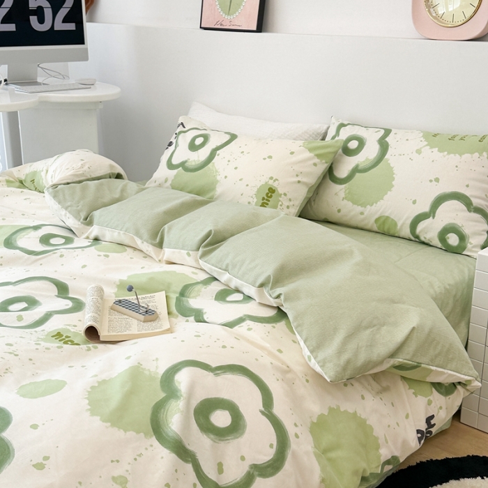 91家纺网 家纺一手货源 找家纺 昔可 2023新款全棉四件套 绿色泼墨花