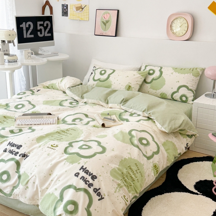 91家纺网 家纺一手货源 找家纺 昔可 2023新款全棉四件套 绿色泼墨花