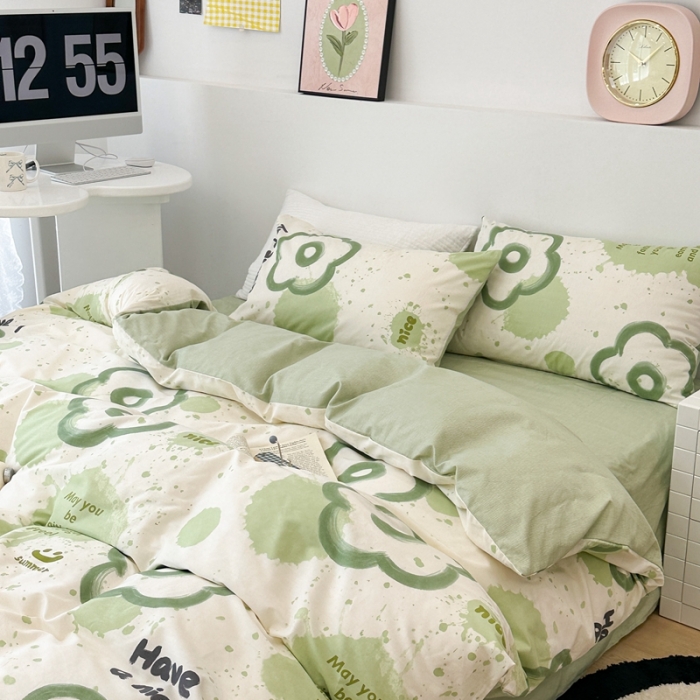 91家纺网 家纺一手货源 找家纺 昔可 2023新款全棉四件套 绿色泼墨花