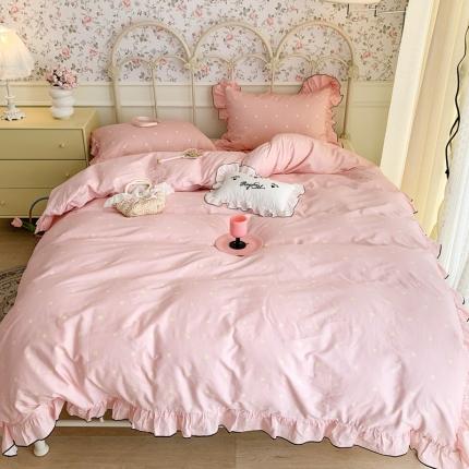 91家纺网 家纺一手货源 找家纺 昔可 2023新款复古波点花边系列四件套 粉玉波点