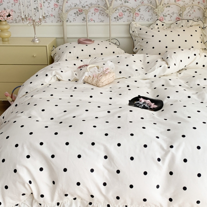 91家纺网 家纺一手货源 找家纺 昔可 2023新款复古波点花边系列四件套 白底波点