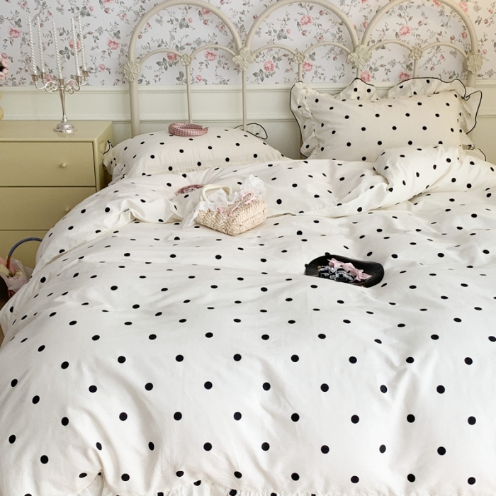 91家纺网 家纺一手货源 找家纺 昔可 2023新款复古波点花边系列四件套 白底波点