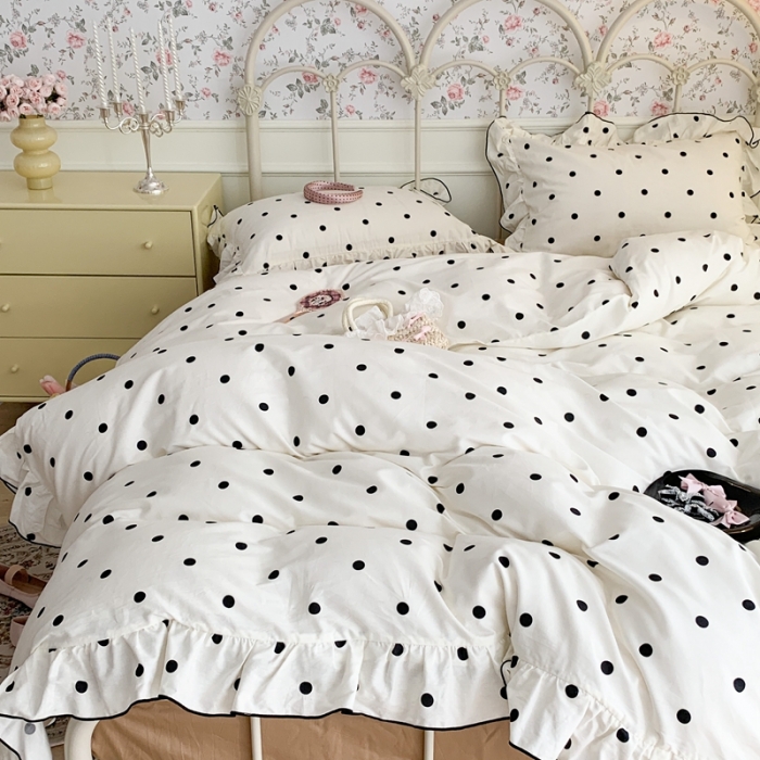 91家纺网 家纺一手货源 找家纺 昔可 2023新款复古波点花边系列四件套 白底波点