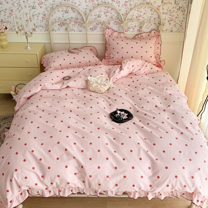 91家纺网 家纺一手货源 找家纺 昔可 2023新款复古波点花边系列四件套 粉红波点