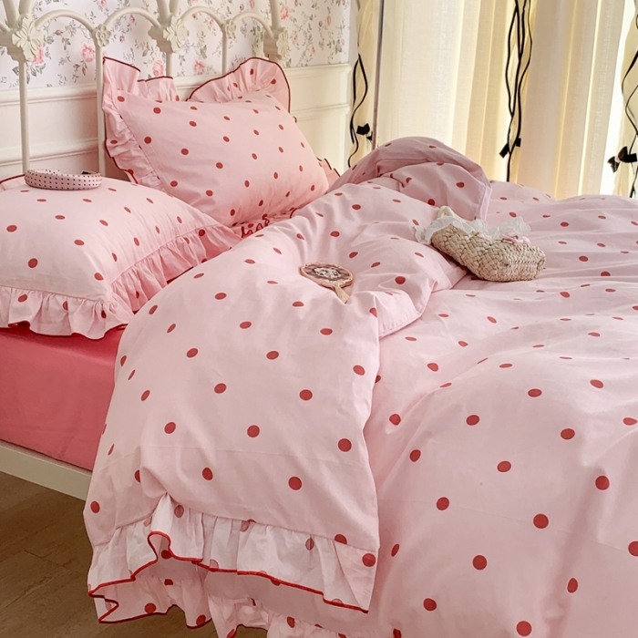 91家纺网 家纺一手货源 找家纺 昔可 2023新款复古波点花边系列四件套 粉红波点