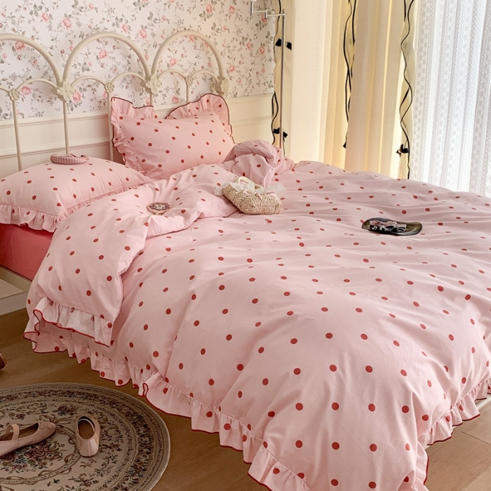 91家纺网 家纺一手货源 找家纺 昔可 2023新款复古波点花边系列四件套 粉红波点