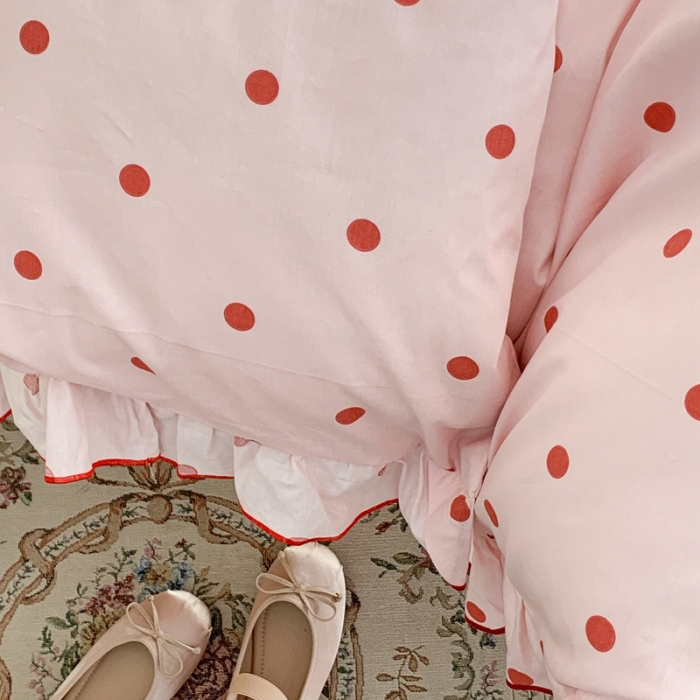 91家纺网 家纺一手货源 找家纺 昔可 2023新款复古波点花边系列四件套 粉红波点