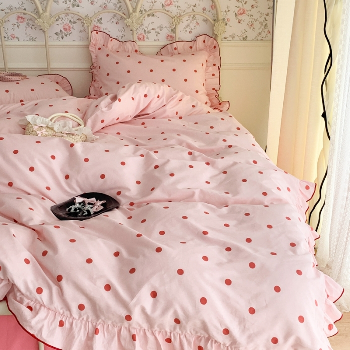 91家纺网 家纺一手货源 找家纺 昔可 2023新款复古波点花边系列四件套 粉红波点