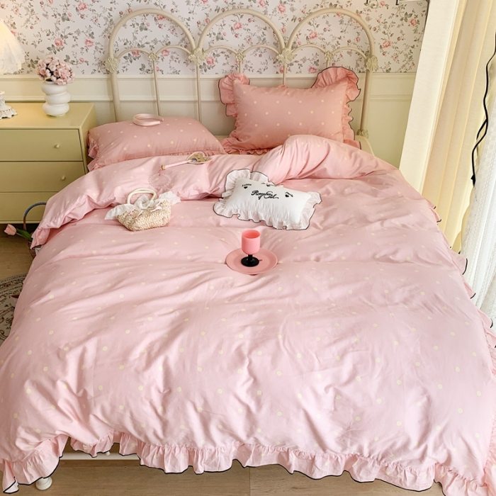 91家纺网 家纺一手货源 找家纺 昔可 2023新款复古波点花边系列四件套 粉玉波点