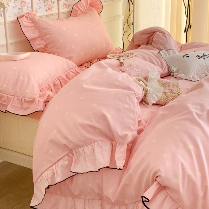 91家纺网 家纺一手货源 找家纺 昔可 2023新款复古波点花边系列四件套 粉玉波点