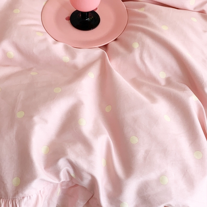 91家纺网 家纺一手货源 找家纺 昔可 2023新款复古波点花边系列四件套 粉玉波点