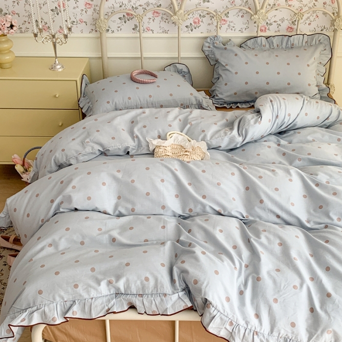 91家纺网 家纺一手货源 找家纺 昔可 2023新款复古波点花边系列四件套 蓝底波点