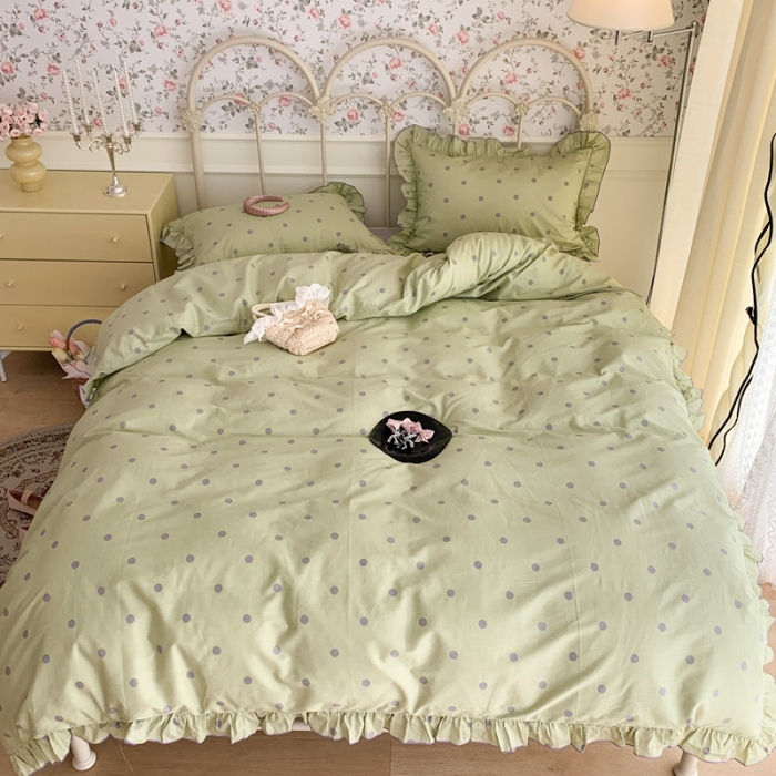 91家纺网 家纺一手货源 找家纺 昔可 2023新款复古波点花边系列四件套 绿底波点