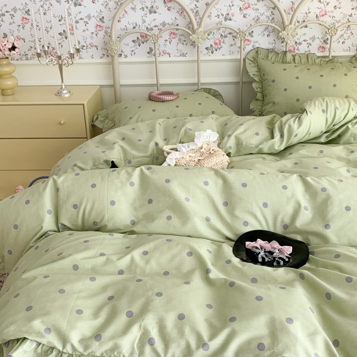 91家纺网 家纺一手货源 找家纺 昔可 2023新款复古波点花边系列四件套 绿底波点