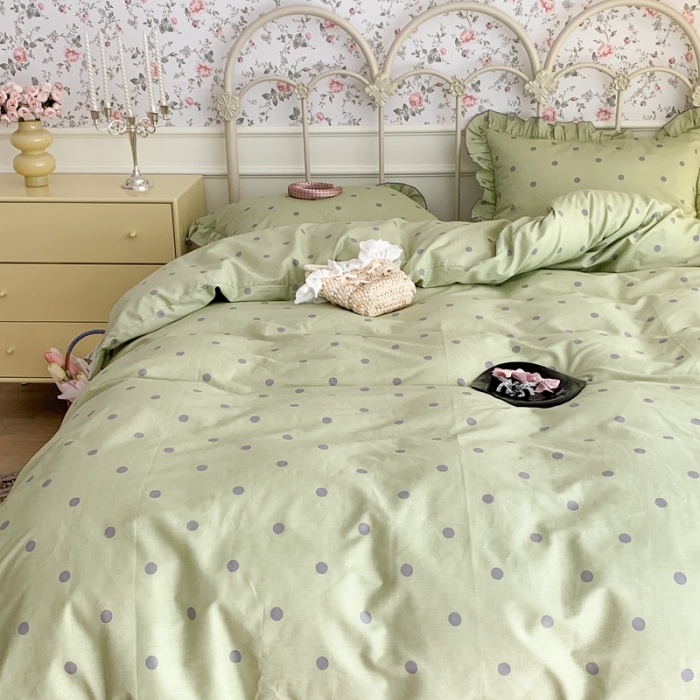 91家纺网 家纺一手货源 找家纺 昔可 2023新款复古波点花边系列四件套 绿底波点