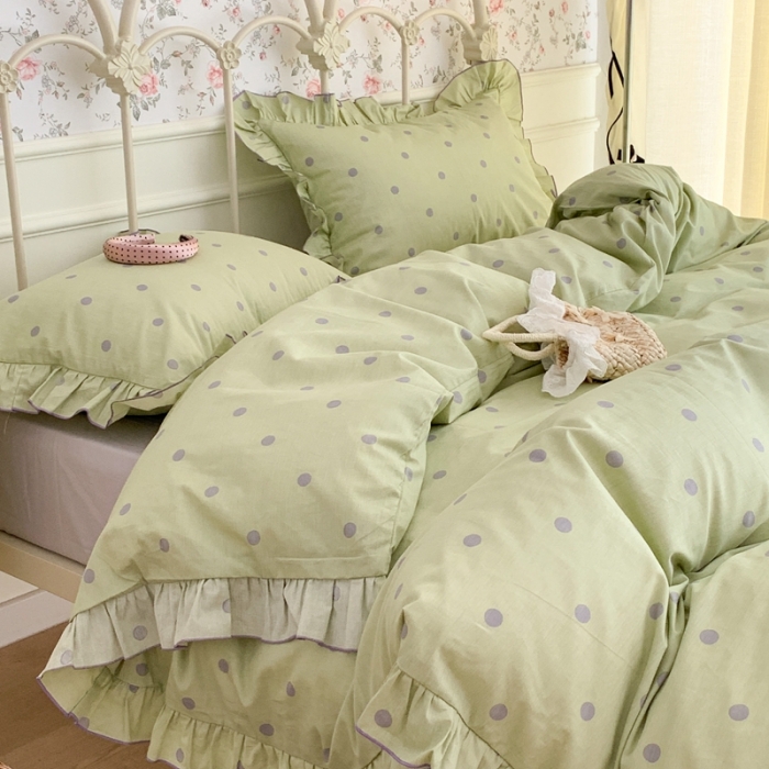 91家纺网 家纺一手货源 找家纺 昔可 2023新款复古波点花边系列四件套 绿底波点