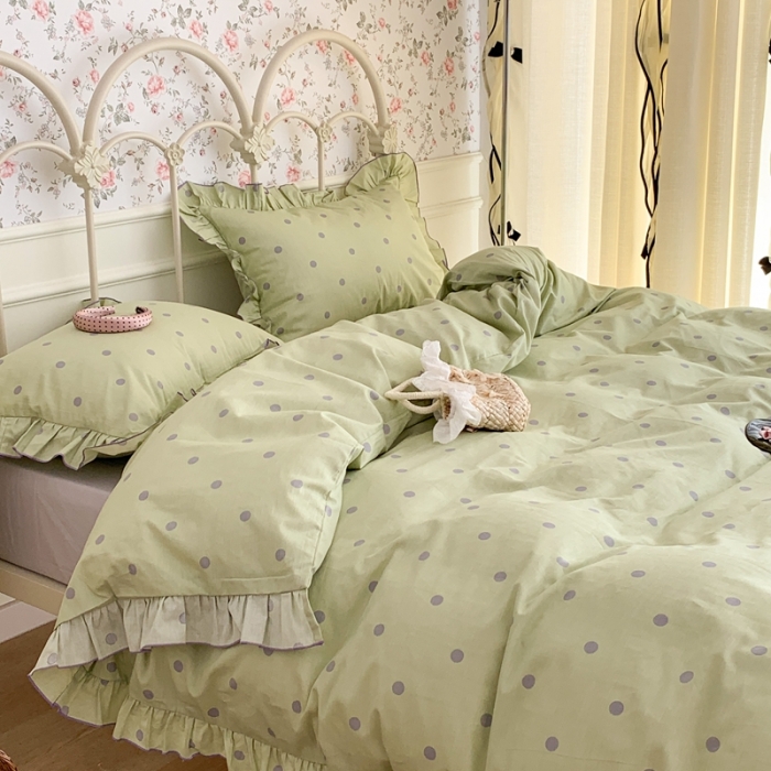 91家纺网 家纺一手货源 找家纺 昔可 2023新款复古波点花边系列四件套 绿底波点